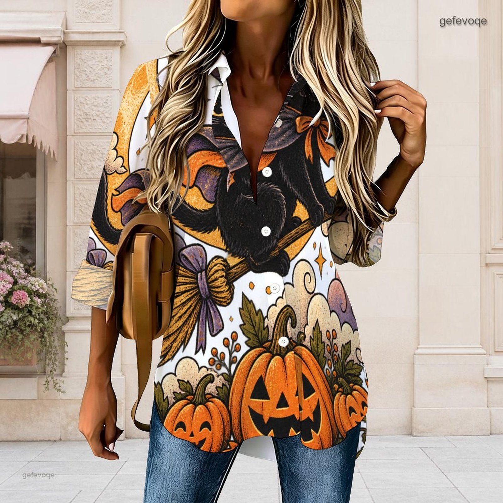 Pumpkin Lantern Halloween - قميص نسائي بطبعة هالوين، ياقة، أسود،